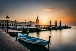 een boot zit Aan de dok Bij zonsondergang. ai-gegenereerd foto