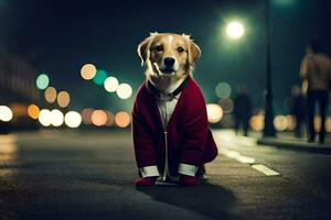 een hond vervelend een rood jasje en stropdas zittend Aan de straat Bij nacht. ai-gegenereerd foto