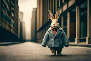 een konijn vervelend een pak en stropdas in een leeg straat. ai-gegenereerd foto