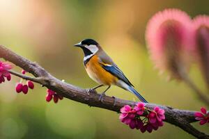 een vogel zit Aan een Afdeling met roze bloemen. ai-gegenereerd foto