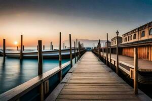 een houten pier met boten Bij zonsondergang. ai-gegenereerd foto