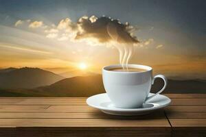 een kop van koffie Aan een houten tafel met een visie van de zonsopkomst. ai-gegenereerd foto