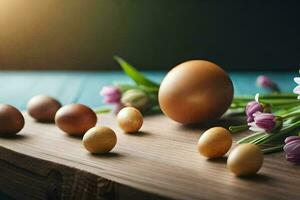 gouden eieren en tulpen Aan een houten tafel. ai-gegenereerd foto