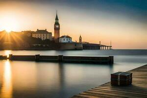 de zon is instelling over- een pier en een klok toren. ai-gegenereerd foto