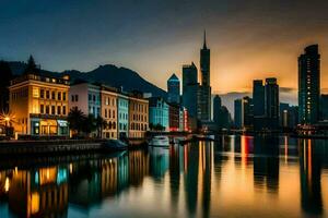 de stad horizon Bij schemer in hong kong. ai-gegenereerd foto