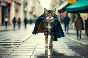 een kat wandelen naar beneden een straat in een jas. ai-gegenereerd foto