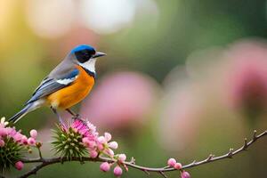 een vogel zittend Aan een Afdeling met roze bloemen. ai-gegenereerd foto