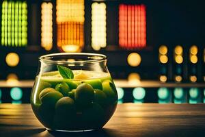 een glas van groen sap Aan een tafel in voorkant van een kleurrijk achtergrond. ai-gegenereerd foto