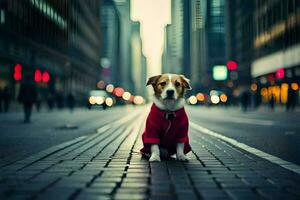 een hond in een rood jas staand Aan een straat. ai-gegenereerd foto