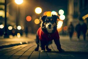 een hond vervelend een rood overhemd staand Aan een straat Bij nacht. ai-gegenereerd foto