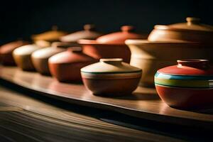een rij van kleurrijk potten Aan een tafel. ai-gegenereerd foto