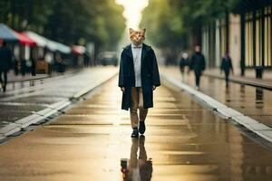 een kat vervelend een masker wandelingen naar beneden een straat. ai-gegenereerd foto