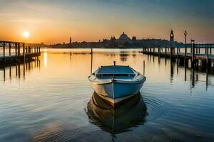 een boot zit Aan de water Bij zonsondergang. ai-gegenereerd foto