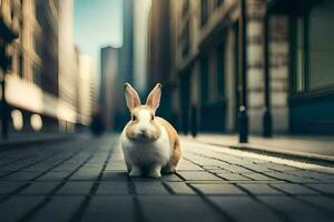 een konijn is staand Aan een straat in een stad. ai-gegenereerd foto