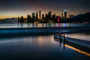 een pier in voorkant van een stad horizon Bij nacht. ai-gegenereerd foto