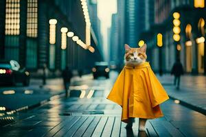 een kat in een geel regenjas wandelen naar beneden een stad straat. ai-gegenereerd foto