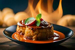 een bord van voedsel met saus en een vlam. ai-gegenereerd foto