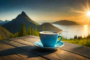 koffie kop Aan de tafel met bergen in de achtergrond. ai-gegenereerd foto