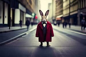 een konijn vervelend een rood jas en stropdas staand Aan een straat. ai-gegenereerd foto