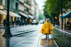 een hond in een geel regenjas wandelen naar beneden een straat. ai-gegenereerd foto