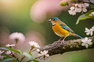 een blauw en geel vogel is zittend Aan een Afdeling. ai-gegenereerd foto