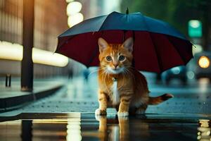 een oranje kat is staand onder een paraplu. ai-gegenereerd foto