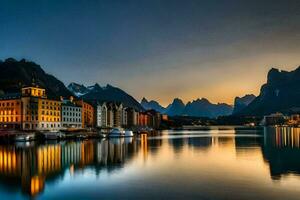 de mooi stad van lofoten Bij zonsondergang. ai-gegenereerd foto