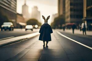 een konijn vervelend een jas en staand in de midden- van een stad straat. ai-gegenereerd foto