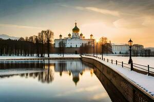 de het kremlin Bij zonsondergang met een rivier- en een brug. ai-gegenereerd foto