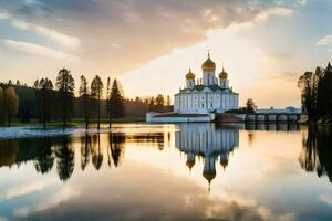 de het kremlin Bij zonsondergang met de reflectie van de kerk in de water. ai-gegenereerd foto