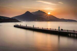 de zon stijgt over- een pier in de oceaan. ai-gegenereerd foto