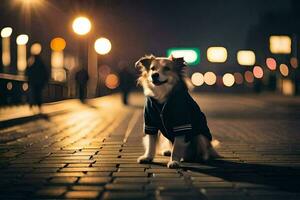 een hond vervelend een jasje zittend Aan de straat Bij nacht. ai-gegenereerd foto