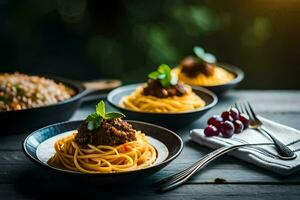 spaghetti met gehaktballen en druiven Aan een houten tafel. ai-gegenereerd foto