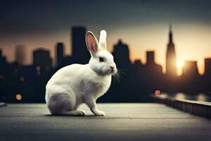 wit konijn zittend Aan een brug in voorkant van een stad horizon. ai-gegenereerd foto