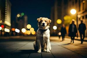 een hond zittend Aan de straat Bij nacht. ai-gegenereerd foto