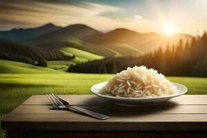 rijst- in een kom Aan een tafel met vork en mes. ai-gegenereerd foto
