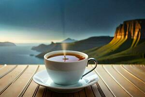 een kop van koffie Aan een tafel met een visie van de bergen. ai-gegenereerd foto