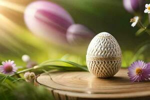 een Pasen ei is zittend Aan een houten stomp met bloemen. ai-gegenereerd foto