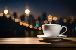 een kop van koffie Aan een houten tafel in voorkant van een stadsgezicht. ai-gegenereerd foto