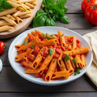 penne pasta in tomaat saus met kip en tomaten Aan een houten tafel foto