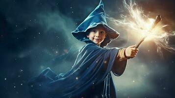 kind in een tovenaar kostuum, golvend een magisch toverstok, verbeelding draaien gewoon naar uitzonderlijk. generatief ai foto