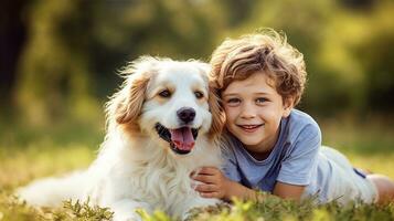 jongen met een huisdier hond, gezelschap en loyaliteit evident in hun binding en speels capriolen. generatief ai foto