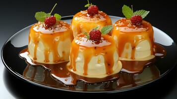 heerlijk pudding voedsel met fruit topping ai foto