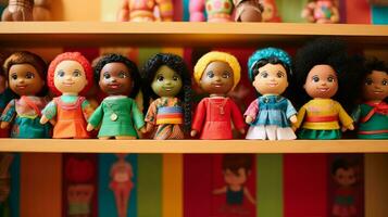 een speelgoed- op te slaan met poppen van divers etniciteiten, bevorderen inclusiviteit en vertegenwoordiging voor kinderen. generatief ai foto