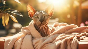 een haarloos sphynx kat genieten van een warm zonnen, haar getextureerde huid absorberen de gouden stralen. generatief ai foto