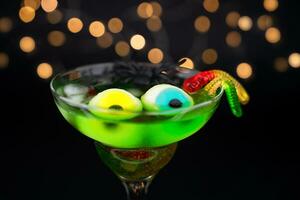 spookachtig groen halloween cocktail met ogen, zwart spin en snoep wormen in een glas en een slinger in de achtergrond. feestelijk feest. detailopname. selectief focus. foto