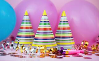 gekleurde partij hoeden, ballonnen, confetti voor verjaardag partij Aan roze achtergrond. detailopname. foto