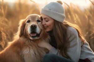 jong volwassen vrouw Holding haar hond , buitenshuis herfst park, ai gegenereerd foto