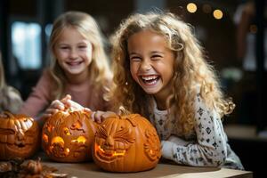 gelukkig glimlachen kinderen carve traditioneel pompoen jack-o-lantern. ai gegenereerd. foto