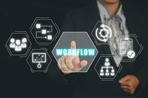 workflow concept, zakenvrouw hand- aanraken workflow icoon Aan virtueel scherm. foto